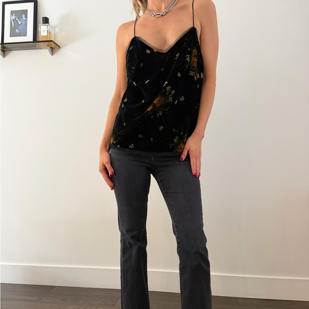 Zara Basic Black Velvet Floral Top